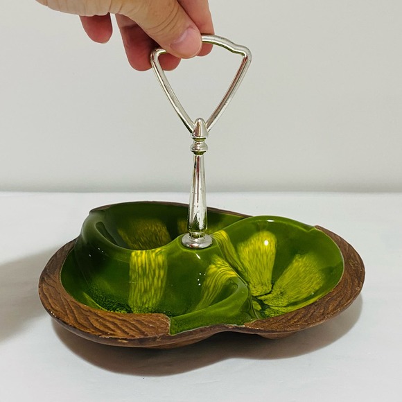 Green Sequoia Craft Center Handle Tidbit Snack Tray California Pottery #618 USA - Picture 8 of 9